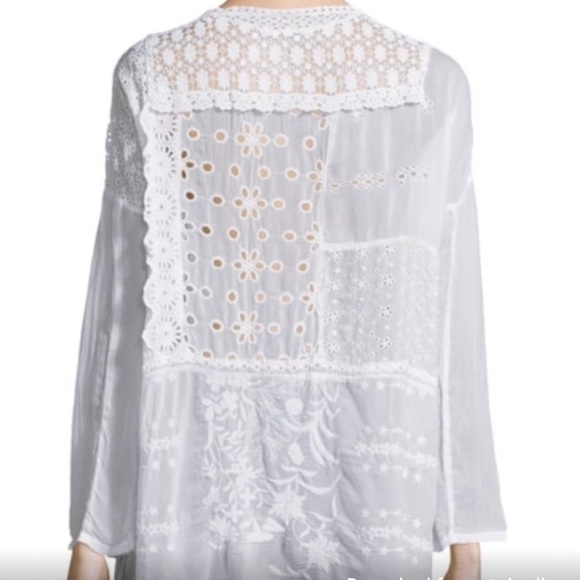 Johnny Was pure white top/tunic 3/4 sleeves, embroidery, eyelet, and open lace - Picture 2 of 7
